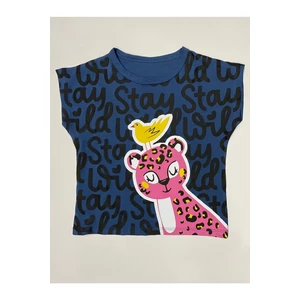 Mushi Bird & Leo Girls' Navy Blue Combed Combed Cotton T-shirt