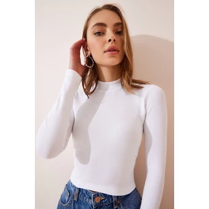 Happiness İstanbul Women's White Corduroy Turtleneck Crop Knitted Blouse