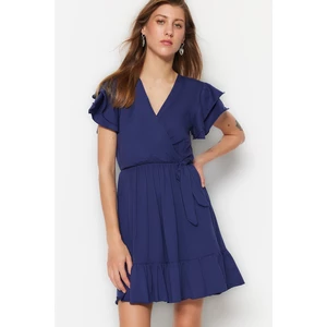 Trendyol Navy Blue 100% Cotton Ruffle Detailed Double-breasted Mini Knitted Dress with Frill Detail on the Sleeves