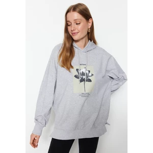 Trendyol Gray Melange Wide Pattern Oversize Knitted Printed Hoodie Sweatshirt