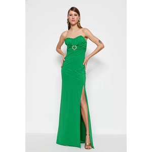 Trendyol Emerald Green Lined Knitted Accessory Evening Dress