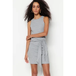 Trendyol Gray Melange Crew Neck Tie Detail Ribbed Flexible Fitted Mini Dress