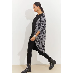 Cool & Sexy Women's Grey-Black Contrast Leopard Print Asymmetrical Tunic