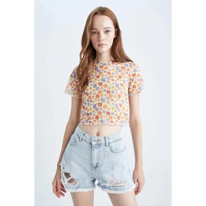 DEFACTO Slim Fit Crew Neck Floral Pattern Short Sleeve T-Shirt