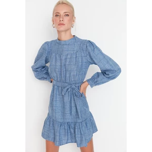 Trendyol Navy Blue Belted Woven Plaid Woven Dress