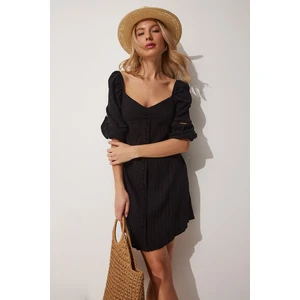 Happiness İstanbul Women's Black Sweetheart Neck Balloon Sleeve Summer Dress