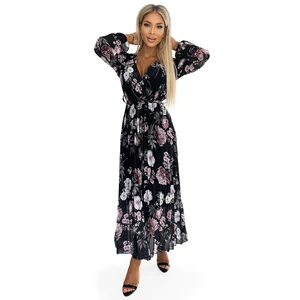 Pleated midi dress with neckline, long sleeves and tie at the waist Numoco