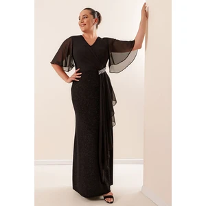 By Saygı Plus Size Glittery Long Dress With Chiffon Sleeves and Stone Accessories Lined Wide Size Range Saks.