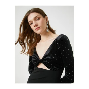 Koton Evening Dress Mini Dress With Velvet Detail, Bow-look Long Sleeves