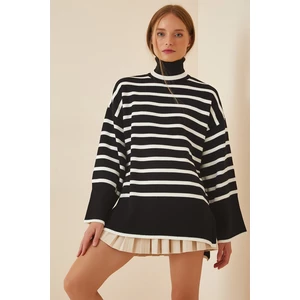 Happiness İstanbul Women's Black and White Turtleneck Striped Oversize Knitwear Sweater