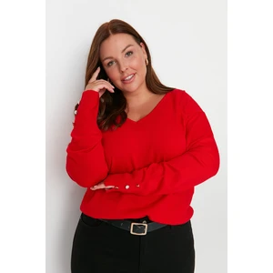 Trendyol Curve Red V-Neck Button Detailed Knitwear Sweater