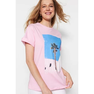 Trendyol Pink 100% Cotton Palm Print Boyfriend Fit Crew Neck Knitted T-Shirt
