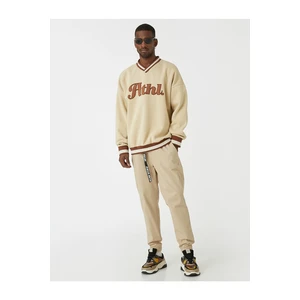 Koton College Embroidered Oversized Sweatshirt, Raised V-Neck.