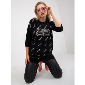 Black long blouse plus size with rhinestone application