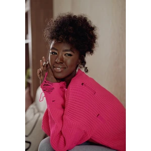 Short oversized sweater with holes in neon pink