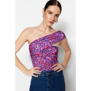 Trendyol Pink Patterned Asymmetrical Collar Detailed Fitted/Sleeping Fitted, Stretchy Knitted Bodysuit