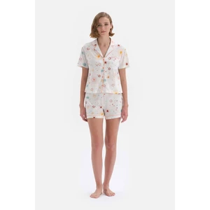 Dagi Off-White Patterned Shirt Collar Shorts Knitted Pajamas Set