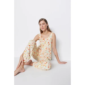 Trendyol Yellow-Multi-colored Printed Singlets-Pants, Knitted Pajamas Set