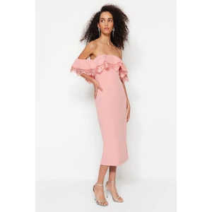 Trendyol Dusty Rose, Fitted Woven Flounce Elegant Evening Dress