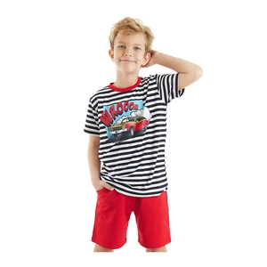 Mushi Wroom Boys' Striped T-shirt with Red Shorts Summer Suit.