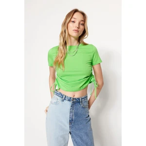 Trendyol Green 100% Cotton Shirred Detailed Basic Crew Neck Knitted T-Shirt
