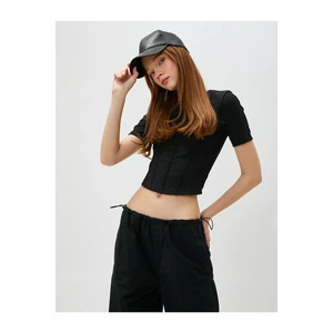 Koton Crop T-shirt Corset-Look Short Sleeve Crew Neck