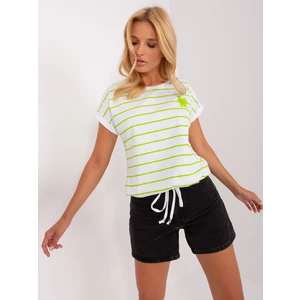 White and light green striped blouse with application