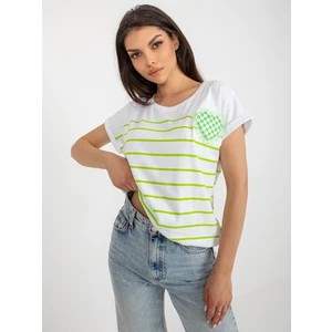 White and light green striped blouse with application