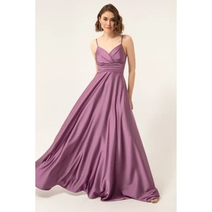 Lafaba Women's Lavender Satin Long Evening Dress with Rope Straps and Waist Belt