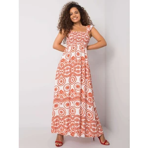 Long, white and orange patterned dress