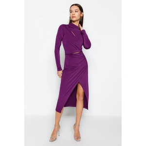 Trendyol Plum Purple Fitted Evening Dress with Window/Cut Out Details