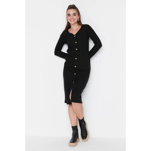 Trendyol Black V-Neck Buttoned Midi Knitted Dress