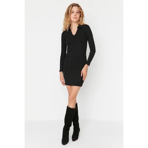 Trendyol Black Fitted Polo Neck Mini Ribbed Flexible Knitted Dress