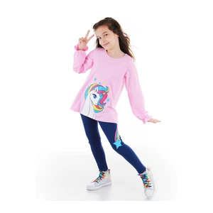Denokids Rainbow Star Unicorn Girl's Pink T-shirt, Navy Blue Leggings Set.