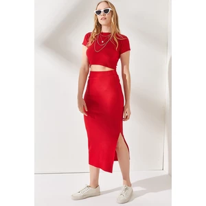 Olalook Women's Red Lycra Short Sleeve Slit and Skirt Suit