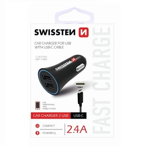 Adapter CL SWISSTEN 2x USB + USB-C kabel 2,4A, černá (BLISTR)