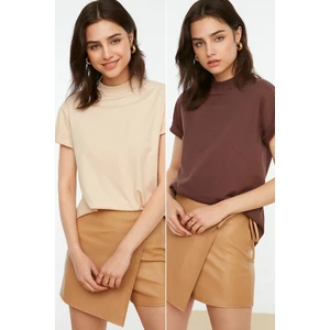 Trendyol Brown-Beige Stand Collar 2-Pack Basic Knitted Tshirt T-Shirt