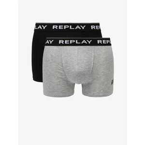 Replay Boxerky Boxer Style 2 Cuff Logo&Print 2Pcs Box - Black/Grey Melange - Pánské