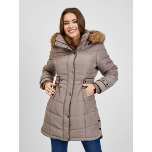 Orsay Hnědý dámský prošívaný zimní kabát s odepínací kapucí s kožíškem  - Dámské