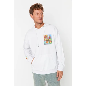 Trendyol White Men's Oversize Fit Hoodie Fun Printed Sweatshirt