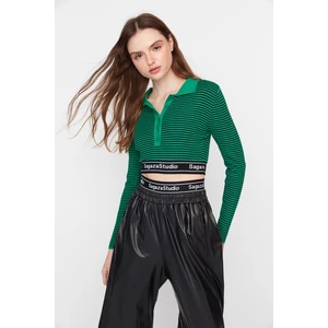 Trendyol X Sagaza Studio Green-Black Striped Elastic Detailed Crop Knitwear Blouse