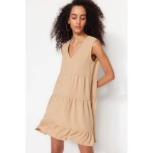 Trendyol Camel Wide-Cut Mini Dress with Flowy Ruffles in Woven