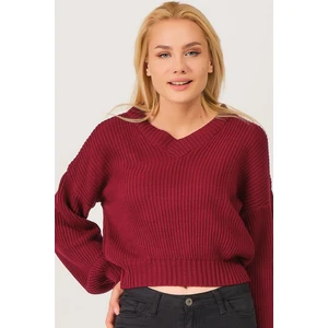 Z3034 DEWBERRY WOMEN'S V COLLAR SWEATER-BURGUNDY