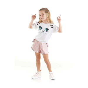 Denokids Cotton Girls' White T-shirt with Pink Ruffled Shorts Set.