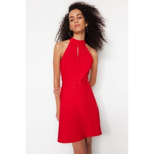 Trendyol Red A-Line Mini Weave Standing Collar Dress with Belt