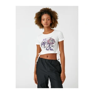 Koton Crop T-Shirt with Oriental Print Short Sleeves Lacing Detail