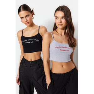 Trendyol Black-Grey Melange 2-Pack Slogan Printed Crop Straps Ribbed Flexible Knitted Singlet