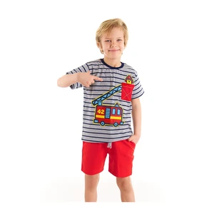 Denokids Firefighter Dog Boy Boy Gray Striped T-shirt Red Shorts Set