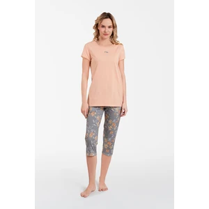 Kasali women's pyjamas, short sleeves, 3/4 leg - salmon pink/print