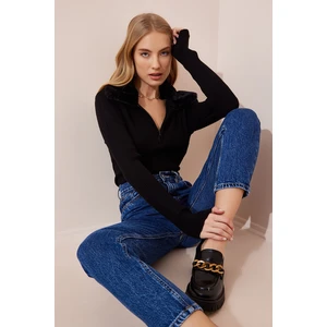 Happiness İstanbul Women's Black Faux Fur Collar Knitwear Sweater